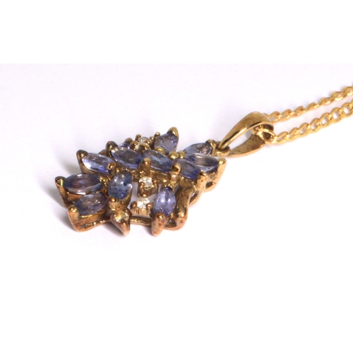 118 - 9ct gold Tanzanite and Diamond cluster pendant necklace on a 9ct gold chain of 40cm