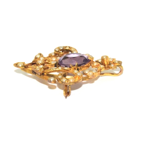 48 - 9ct gold Edwardian Seed Pearl and Amethyst lavaliere brooch 4 grams