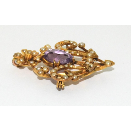 48 - 9ct gold Edwardian Seed Pearl and Amethyst lavaliere brooch 4 grams