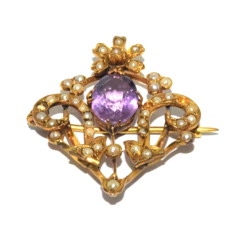 48 - 9ct gold Edwardian Seed Pearl and Amethyst lavaliere brooch 4 grams