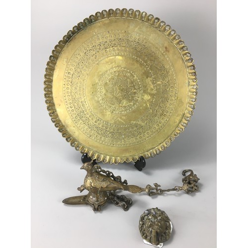 83 - 20th Century Peacock Hanging Brass Incense/Oil Lamp , Middle Eastern Tray an a Lion Head Knocker.