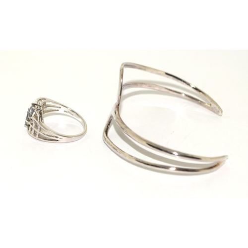 132 - Modernist 925 silver Torque bangle and Topaz ring size S