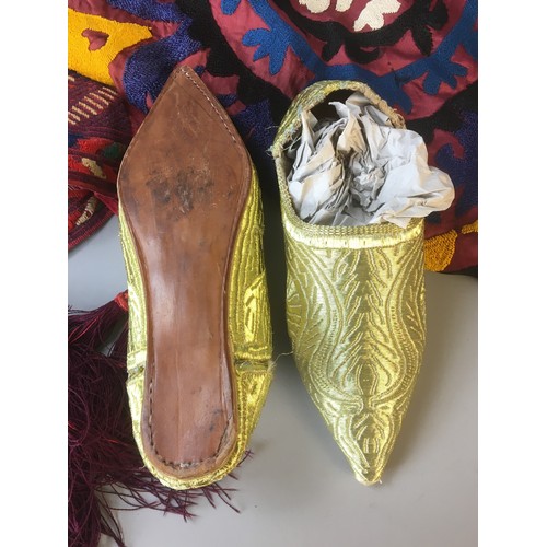 249 - Middle eastern Pair of Gold Brocade Slippers Leather Soled, Middle Eastern Tuareg Style Throw and Sh... 