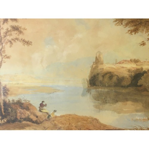 272 - Large Early 19th Century Watercolour framed and Glazed of a Figures and a River Scene in The Romanti... 