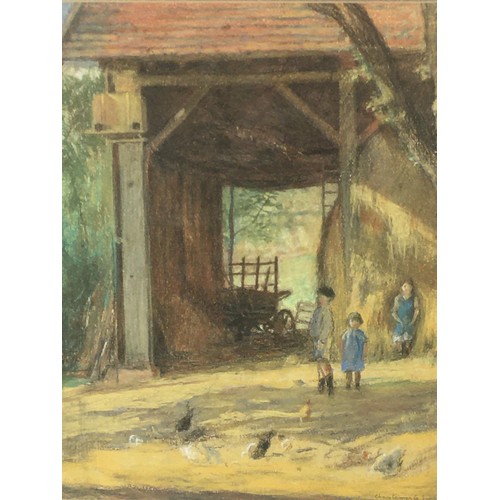 276 - Amy S Hutton British - Signed and Dated 1924 a Charming Pastel Work Depicting Children in a Farm Bar... 