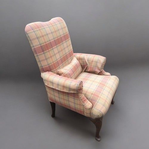 357 - High Back Armchair having Carved Legs and Tartan Fabric.H 107cm x W 68cm x D 62cm