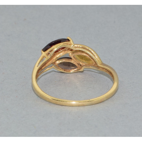 60 - 9ct gold ladies Citrine, Garnet, Quarts ring with accent Diamond to the centre sweep size Q