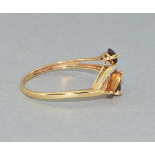 60 - 9ct gold ladies Citrine, Garnet, Quarts ring with accent Diamond to the centre sweep size Q