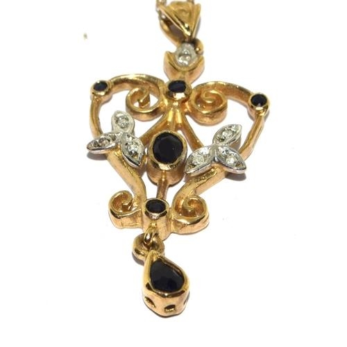 59 - 9ct gold laverier pendant set with Diamonds and Sapphire on a 46cm gold neck chain