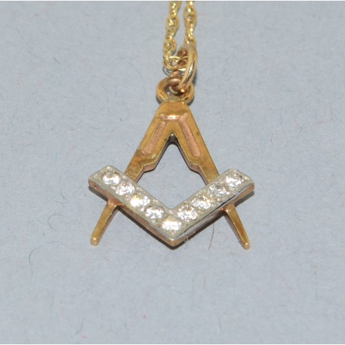 24 - 9ct gold Masonic accent Diamond pendant necklace on a 9ct gold chain of 44cm long
