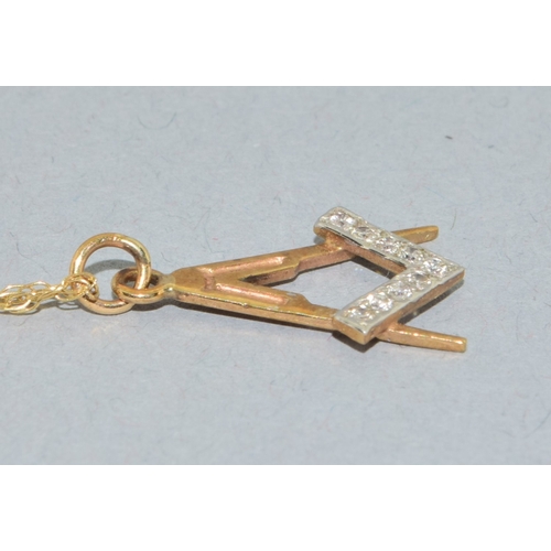 24 - 9ct gold Masonic accent Diamond pendant necklace on a 9ct gold chain of 44cm long