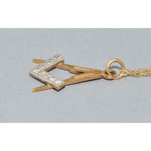24 - 9ct gold Masonic accent Diamond pendant necklace on a 9ct gold chain of 44cm long