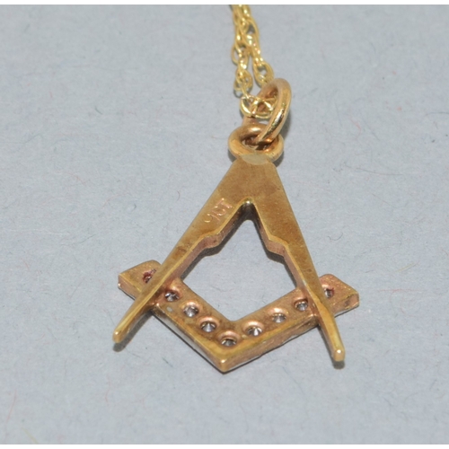 24 - 9ct gold Masonic accent Diamond pendant necklace on a 9ct gold chain of 44cm long