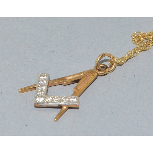 24 - 9ct gold Masonic accent Diamond pendant necklace on a 9ct gold chain of 44cm long