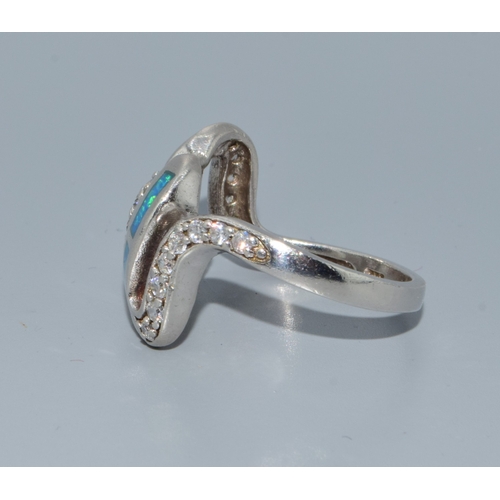 33 - Black Opal and clear stone 925 silver ring size Q