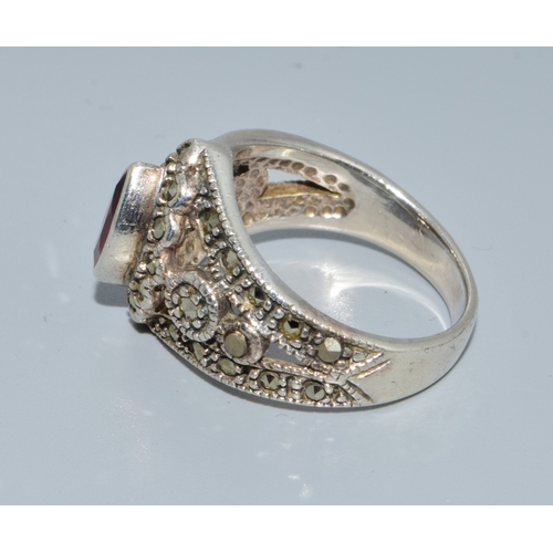 34 - Garnet Diamond 925 silver pendant necklace together with a Garnet and Marcasite 925 silver ring size... 