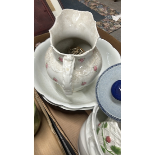 1005 - Vintage porcelain wash basin set featuring floral motifs and gilt accents, including pitcher and var... 