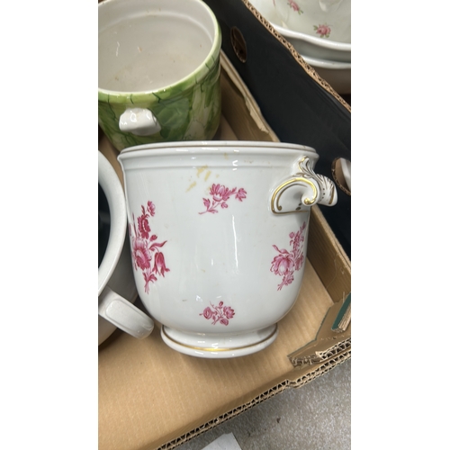 1005 - Vintage porcelain wash basin set featuring floral motifs and gilt accents, including pitcher and var... 
