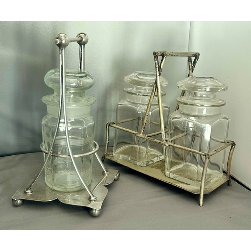 1016 - THREE VICTORIAN SILVER PLATE & CUT GLASS PICKLE JAR STANDS. Examples by James Dixon and sons, Fr... 