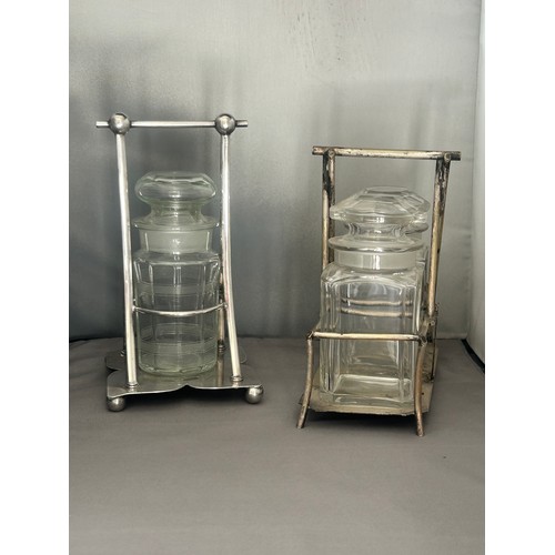 1016 - THREE VICTORIAN SILVER PLATE & CUT GLASS PICKLE JAR STANDS. Examples by James Dixon and sons, Fr... 