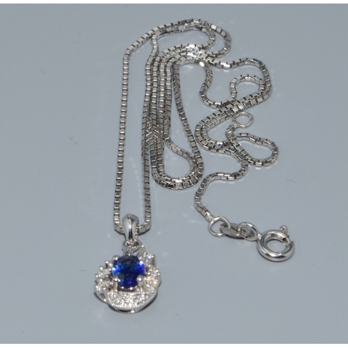199 - 18ct white gold Diamond and Sapphire pendant necklace on a 40cm chain