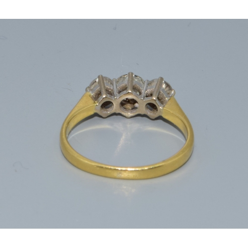 223 - 18ct gold 3 stone diamond ring approx 40 points size K