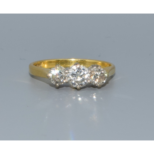 223 - 18ct gold 3 stone diamond ring approx 40 points size K