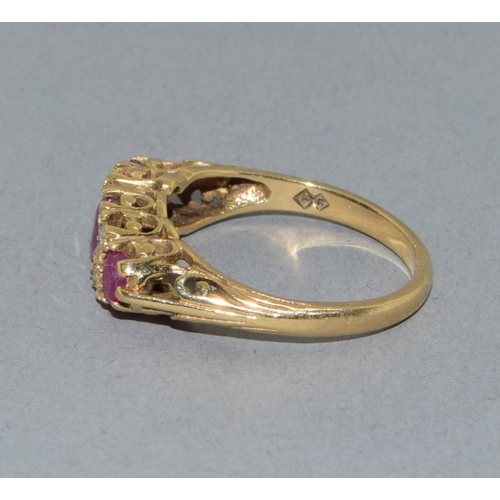 21 - Lovely 9ct gold vintage ladies Ruby and Diamond boat ring set in an open work scroll design size P 3... 