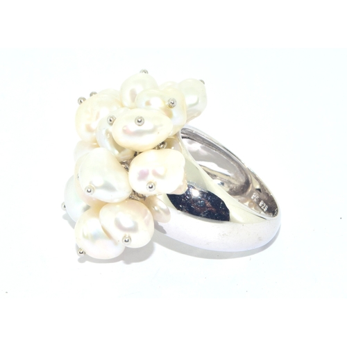 30 - 925 silver cultured Pearl large cluster cocktail ring size N