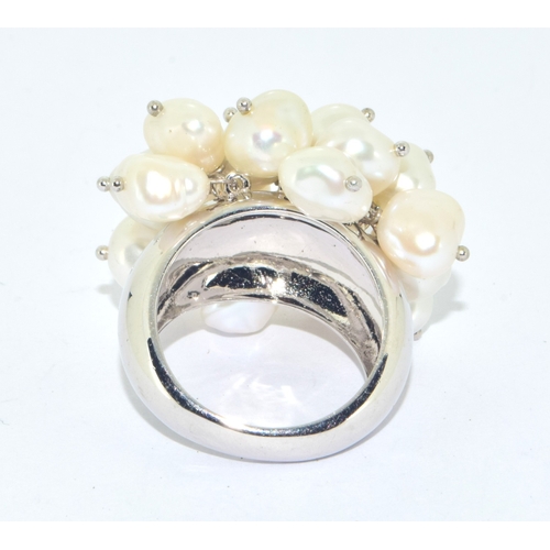 30 - 925 silver cultured Pearl large cluster cocktail ring size N