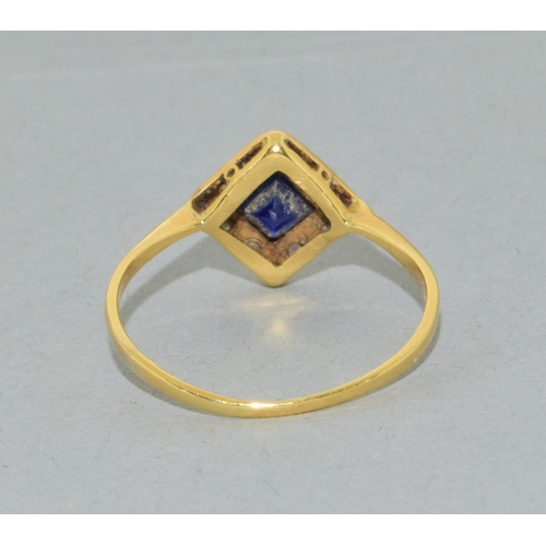 63 - 18ct gold (tested) ladies Art Deco Diamond and Sapphire diamond shape ring size R