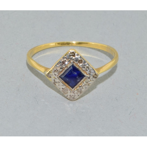 63 - 18ct gold (tested) ladies Art Deco Diamond and Sapphire diamond shape ring size R