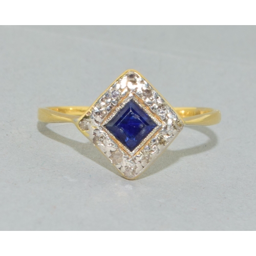 63 - 18ct gold (tested) ladies Art Deco Diamond and Sapphire diamond shape ring size R