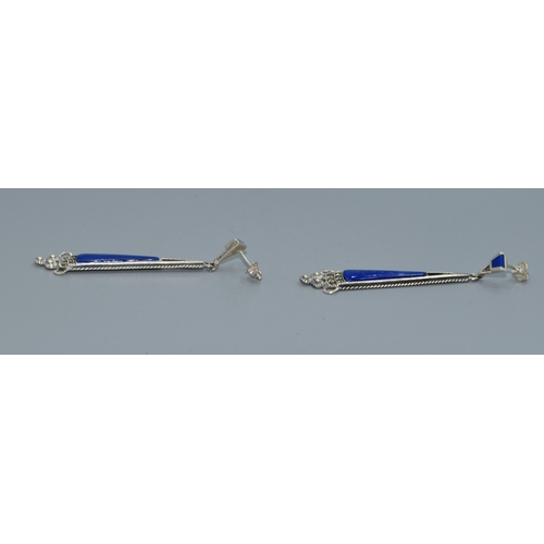 36 - Pair of silver Lapis Lazuli drop earrings, 6cm drop