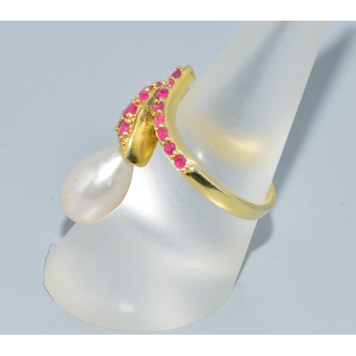 23 - Ruby and cultured Pearl gold on 925 silver Snake ring size O