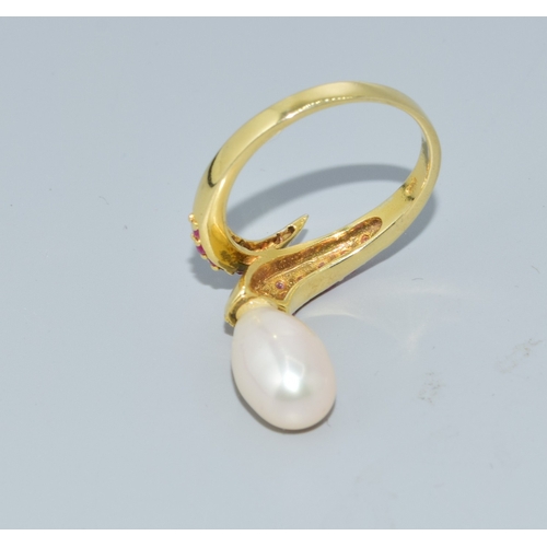 23 - Ruby and cultured Pearl gold on 925 silver Snake ring size O