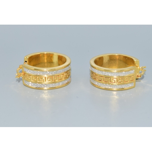24 - Large Greek Key designed gold on 925 silver hoop earrings