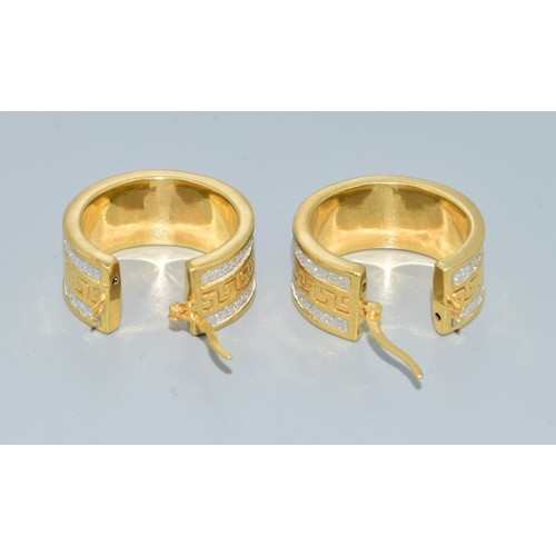 24 - Large Greek Key designed gold on 925 silver hoop earrings
