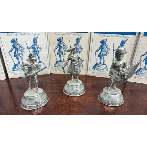 64 - Group boxed Buckingham Pewter hand-crafted solid pewter military figurines, each depicting a British... 
