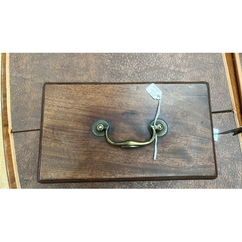 12 - Rectangular mahogany single-lid tea caddy with brass swing carrying handle, pierced escutcheon and b... 