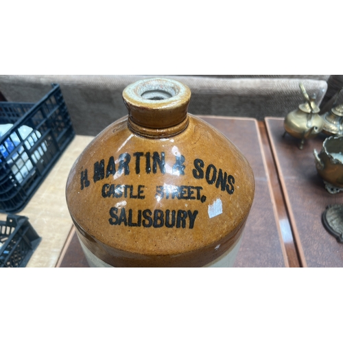 6 - Two-tone salt-glazed stoneware flagon with tap aperture, black transfer lettering ‘H. Martin & Sons,... 