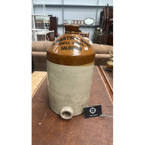 6 - Two-tone salt-glazed stoneware flagon with tap aperture, black transfer lettering ‘H. Martin & Sons,... 