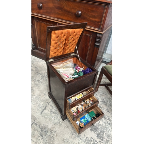 10 - Oak sewing work cabinet, rectangular form with hinged tufted silk lid, interior compartment and thre... 