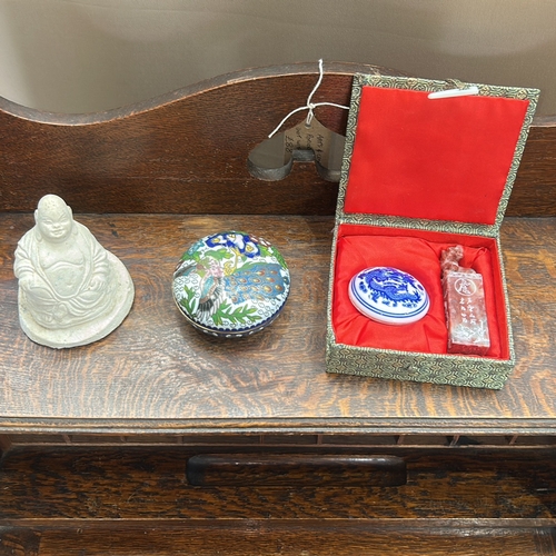 52 - Three Asian decorative pieces: stoneware laughing Buddha figurine; cloisonné enamel round trinket bo... 