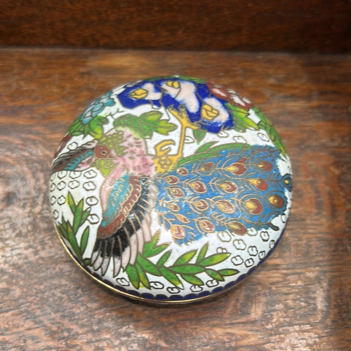 52 - Three Asian decorative pieces: stoneware laughing Buddha figurine; cloisonné enamel round trinket bo... 