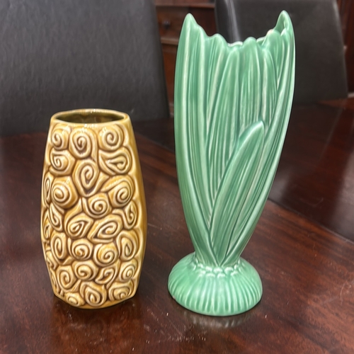 16 - Two mid-century slipware moulded vases by Sylvac, England: pattern 4306, ochre spiral relief, and pa... 