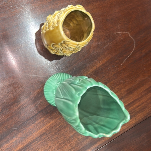 16 - Two mid-century slipware moulded vases by Sylvac, England: pattern 4306, ochre spiral relief, and pa... 