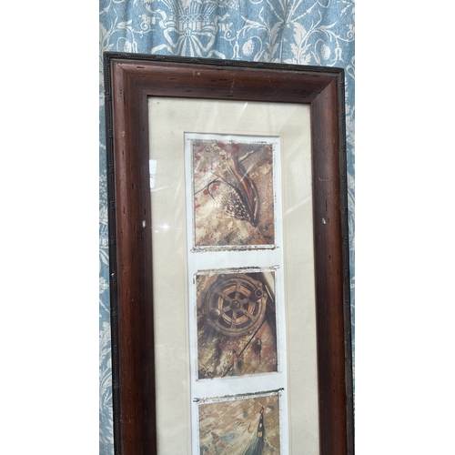 30 - Contemporary colour print triptych depicting fly-fishing lure, reel and feathered streamer, mounted ... 
