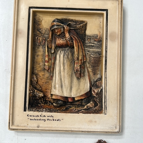 33 - Set of six polychrome cast–plaster relief wall plaques, each titled in script: “Cornish Fish Wife—Un... 