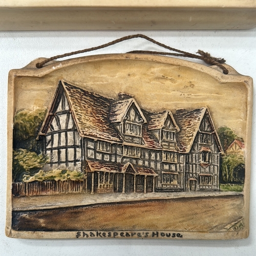 33 - Set of six polychrome cast–plaster relief wall plaques, each titled in script: “Cornish Fish Wife—Un... 
